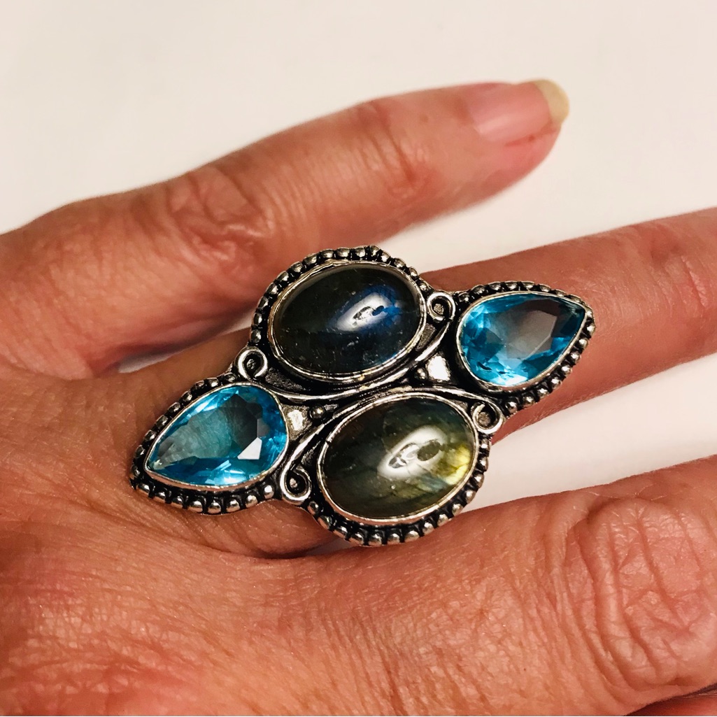 Blue Topaz Labradorite 925 Sterling Silver Ring 98$